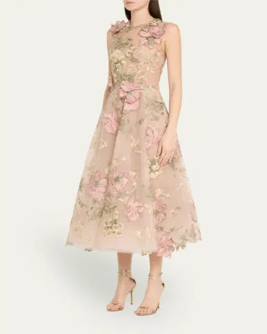 Marchesa Floral Embroidered Sleeveless Tea-Length Dress | Thumbnail 4 Marchesa Floral Embroidered Sleeveless Tea-Length Dress | Thumbnail 4
