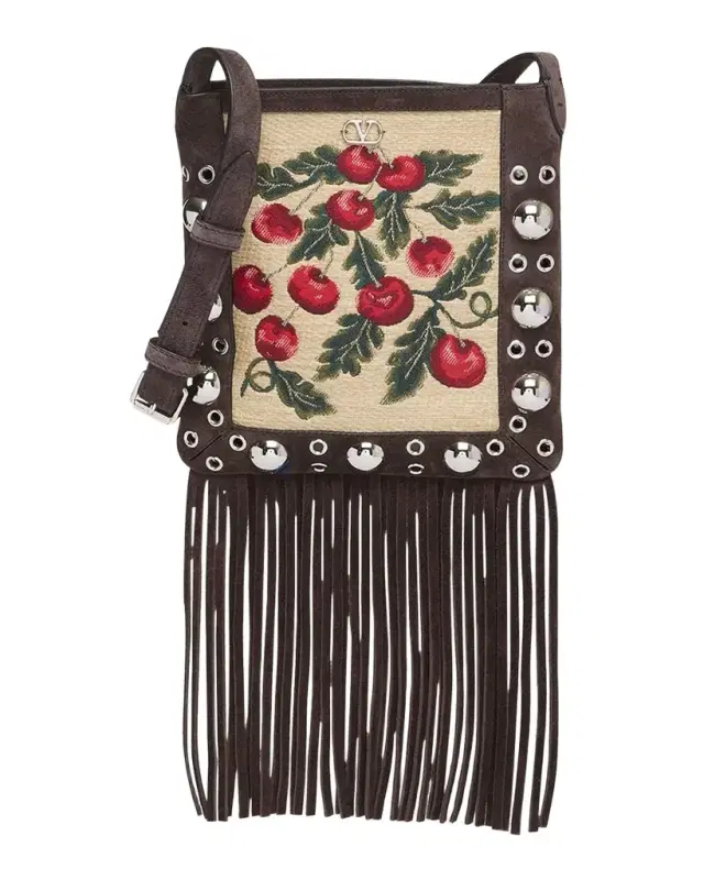 Nellcote Small Fringe Jacquard Cherries Suede Crossbody Bag Nellcote Small Fringe Jacquard Cherries Suede Crossbody Bag
