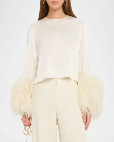 Lapointe Feather-Trim Long-Sleeve Crop Satin Top | Thumbnail 4 Lapointe Feather-Trim Long-Sleeve Crop Satin Top | Thumbnail 4