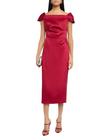 Aidan Mattox Pleated Off-Shoulder Mikado Midi Dress | Thumbnail 1 Aidan Mattox Pleated Off-Shoulder Mikado Midi Dress | Thumbnail 1