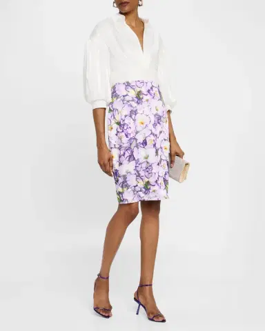 Badgley Mischka Collection Ruched Floral-Print Mixed Media Dress | Thumbnail 3 Badgley Mischka Collection Ruched Floral-Print Mixed Media Dress | Thumbnail 3