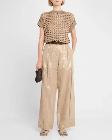 Brunello Cucinelli Metallic Cotton Gauze Wide-Leg Explorer Pants | Thumbnail 2 Brunello Cucinelli Metallic Cotton Gauze Wide-Leg Explorer Pants | Thumbnail 2