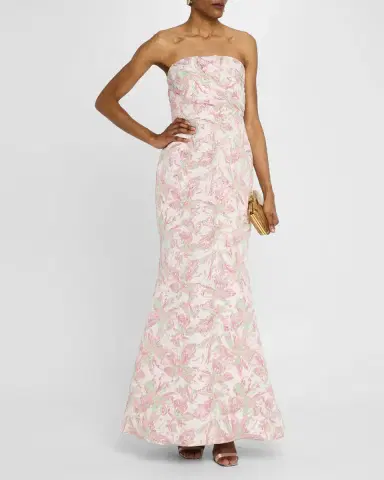Badgley Mischka Collection Strapless Pleated Metallic Jacquard Gown | Thumbnail 4 Badgley Mischka Collection Strapless Pleated Metallic Jacquard Gown | Thumbnail 4