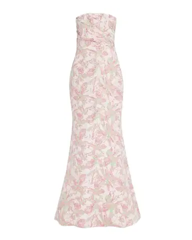 Badgley Mischka Collection Strapless Pleated Metallic Jacquard Gown | Thumbnail 1 Badgley Mischka Collection Strapless Pleated Metallic Jacquard Gown | Thumbnail 1