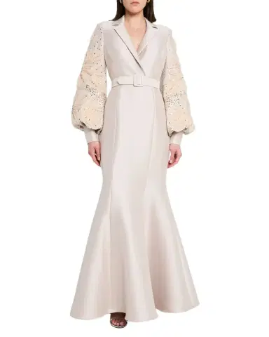 Badgley Mischka Collection Embellished-Sleeve Mermaid Shirt Gown | Thumbnail 1 Badgley Mischka Collection Embellished-Sleeve Mermaid Shirt Gown | Thumbnail 1