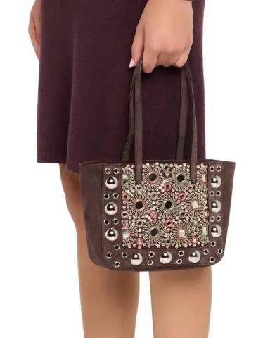 Valentino Garavani Nellcote Mirror-Embellished Suede Mini Tote Bag | Thumbnail 1 Valentino Garavani Nellcote Mirror-Embellished Suede Mini Tote Bag | Thumbnail 1