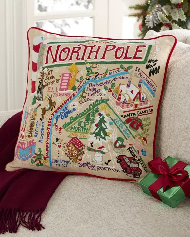 Catstudio North Pole City Hand-Embroidered Pillow, 20" Square | Thumbnail 1 Catstudio North Pole City Hand-Embroidered Pillow, 20" Square | Thumbnail 1