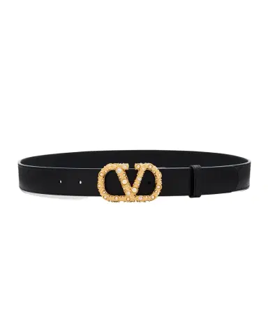 Valentino Garavani VLogo Signature Rhinestone & Faux Pearl Leather Belt, 30mm | Thumbnail 1 Valentino Garavani VLogo Signature Rhinestone & Faux Pearl Leather Belt, 30mm | Thumbnail 1