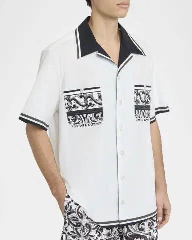 Dolce & Gabbana Men 's Cotton Majolica Double-Pocket Camp Shirt | Thumbnail 4 Dolce & Gabbana Men 's Cotton Majolica Double-Pocket Camp Shirt | Thumbnail 4