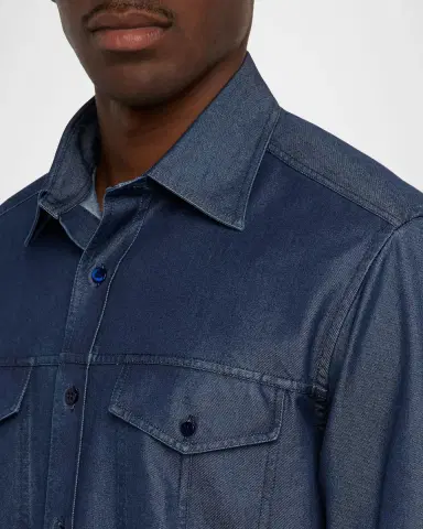 Stefano Ricci Men's Cotton and Silk Denim Button-Down Shirt | Thumbnail 4 Stefano Ricci Men's Cotton and Silk Denim Button-Down Shirt | Thumbnail 4