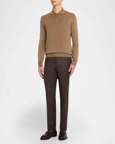 Canali Men 's Wool Knit Long-Sleeve Polo Shirt | Thumbnail 2 Canali Men 's Wool Knit Long-Sleeve Polo Shirt | Thumbnail 2