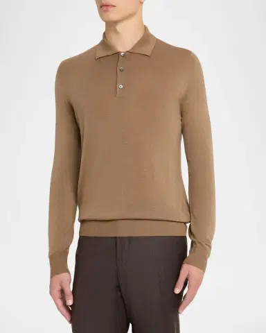 Canali Men 's Wool Knit Long-Sleeve Polo Shirt | Thumbnail 4 Canali Men 's Wool Knit Long-Sleeve Polo Shirt | Thumbnail 4