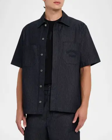 Givenchy Men 's Denim Herringbone Short-Sleeve Shirt | Thumbnail 4 Givenchy Men 's Denim Herringbone Short-Sleeve Shirt | Thumbnail 4