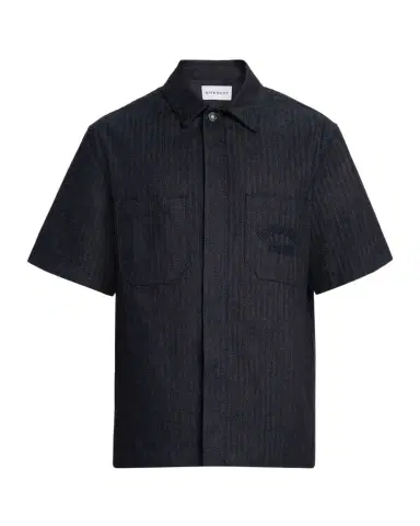 Givenchy Men 's Denim Herringbone Short-Sleeve Shirt | Thumbnail 1 Givenchy Men 's Denim Herringbone Short-Sleeve Shirt | Thumbnail 1