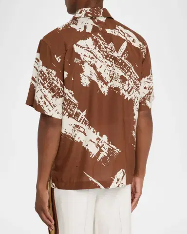 Bottega Veneta Men's Italian Postcard Silk Short-Sleeve Shirt | Thumbnail 3 Bottega Veneta Men's Italian Postcard Silk Short-Sleeve Shirt | Thumbnail 3