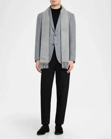 Zegna Men's Oasi Cashmere Madras Check Scarf with Leather Brand Mark | Thumbnail 2 Zegna Men's Oasi Cashmere Madras Check Scarf with Leather Brand Mark | Thumbnail 2