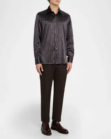 Stefano Ricci Men's Geometric Stripe Silk-Elastane Sport Shirt | Thumbnail 2 Stefano Ricci Men's Geometric Stripe Silk-Elastane Sport Shirt | Thumbnail 2