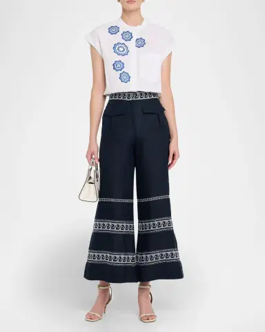 Silvia Tcherassi Zina Embroidered Linen Flare Crop Pants | Thumbnail 2 Silvia Tcherassi Zina Embroidered Linen Flare Crop Pants | Thumbnail 2