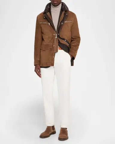 Brunello Cucinelli Men's Suede Leather-Collar Full-Zip Car Coat | Thumbnail 2 Brunello Cucinelli Men's Suede Leather-Collar Full-Zip Car Coat | Thumbnail 2
