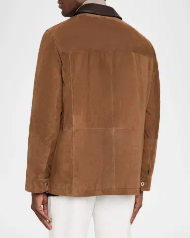 Brunello Cucinelli Men's Suede Leather-Collar Full-Zip Car Coat | Thumbnail 3 Brunello Cucinelli Men's Suede Leather-Collar Full-Zip Car Coat | Thumbnail 3