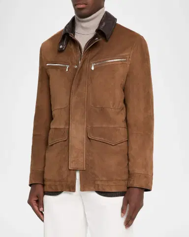 Brunello Cucinelli Men's Suede Leather-Collar Full-Zip Car Coat | Thumbnail 4 Brunello Cucinelli Men's Suede Leather-Collar Full-Zip Car Coat | Thumbnail 4