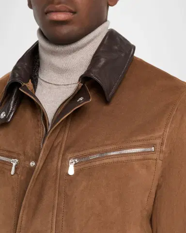Brunello Cucinelli Men's Suede Leather-Collar Full-Zip Car Coat | Thumbnail 5 Brunello Cucinelli Men's Suede Leather-Collar Full-Zip Car Coat | Thumbnail 5