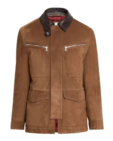 Brunello Cucinelli Men's Suede Leather-Collar Full-Zip Car Coat | Thumbnail 1 Brunello Cucinelli Men's Suede Leather-Collar Full-Zip Car Coat | Thumbnail 1