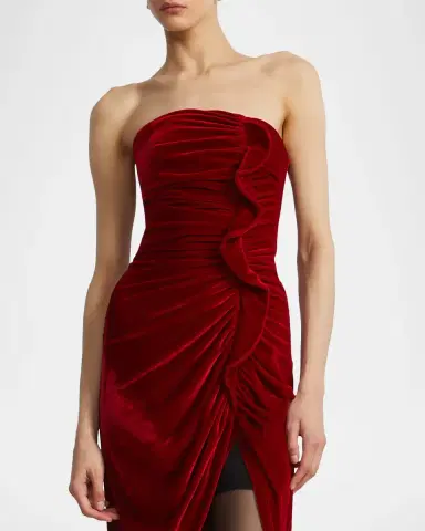 BCBGMAXAZRIA Strapless Velvet Ruffle Midi Dress | Thumbnail 3 BCBGMAXAZRIA Strapless Velvet Ruffle Midi Dress | Thumbnail 3