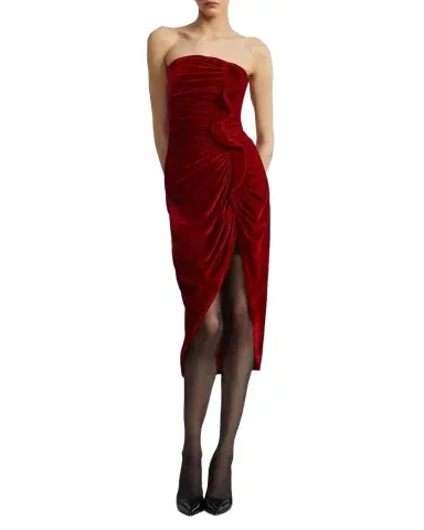 BCBGMAXAZRIA Strapless Velvet Ruffle Midi Dress | Thumbnail 1 BCBGMAXAZRIA Strapless Velvet Ruffle Midi Dress | Thumbnail 1