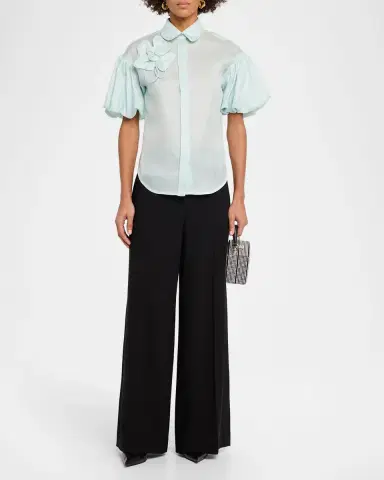 Dice Kayek Flower Applique Silk Puff-Sleeve Shirt | Thumbnail 2 Dice Kayek Flower Applique Silk Puff-Sleeve Shirt | Thumbnail 2