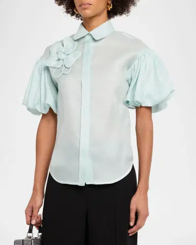 Dice Kayek Flower Applique Silk Puff-Sleeve Shirt | Thumbnail 4 Dice Kayek Flower Applique Silk Puff-Sleeve Shirt | Thumbnail 4