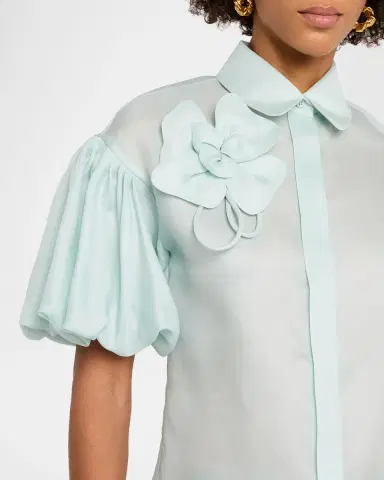 Dice Kayek Flower Applique Silk Puff-Sleeve Shirt | Thumbnail 5 Dice Kayek Flower Applique Silk Puff-Sleeve Shirt | Thumbnail 5