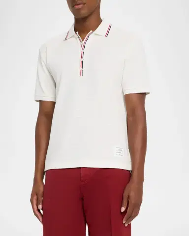 Thom Browne Men's Grosgrain-Trim Waffle Knit Polo Shirt | Thumbnail 4 Thom Browne Men's Grosgrain-Trim Waffle Knit Polo Shirt | Thumbnail 4