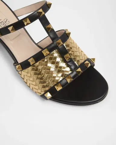 Valentino Garavani 60mm Rockstud Intreccio Metallic Nappa Leather Slide Sandals | Thumbnail 3 Valentino Garavani 60mm Rockstud Intreccio Metallic Nappa Leather Slide Sandals | Thumbnail 3