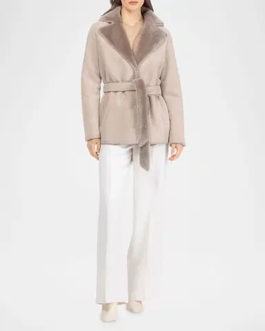 Gorski Merino Shearling Lamb Belted Jacket With Whipstitch Trim | Thumbnail 2 Gorski Merino Shearling Lamb Belted Jacket With Whipstitch Trim | Thumbnail 2