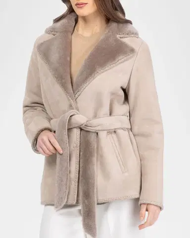 Gorski Merino Shearling Lamb Belted Jacket With Whipstitch Trim | Thumbnail 4 Gorski Merino Shearling Lamb Belted Jacket With Whipstitch Trim | Thumbnail 4