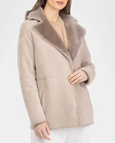 Gorski Merino Shearling Lamb Belted Jacket With Whipstitch Trim | Thumbnail 5 Gorski Merino Shearling Lamb Belted Jacket With Whipstitch Trim | Thumbnail 5