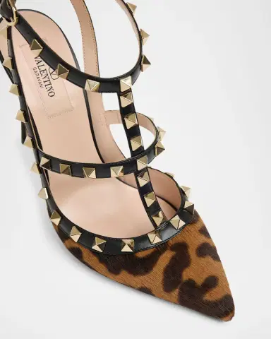Valentino Garavani 100mm Rockstud Leopard Calf Hair Ankle-Strap Pumps | Thumbnail 3 Valentino Garavani 100mm Rockstud Leopard Calf Hair Ankle-Strap Pumps | Thumbnail 3