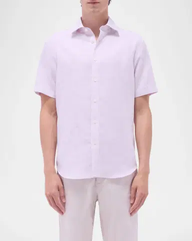 Bugatchi Men 's Orson Cotton and Linen Palm Short-Sleeve Shirt | Thumbnail 3 Bugatchi Men 's Orson Cotton and Linen Palm Short-Sleeve Shirt | Thumbnail 3