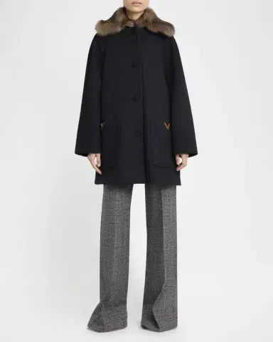 Valentino Garavani Sheep Shearling Collar Single-Breasted Wool Coat | Thumbnail 2 Valentino Garavani Sheep Shearling Collar Single-Breasted Wool Coat | Thumbnail 2