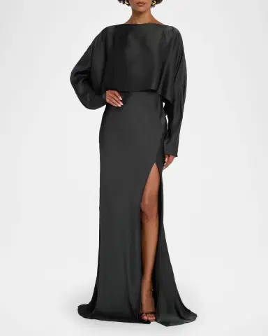 LAPOINTE Dolman-Sleeve Satin Cape Gown | Thumbnail 4 LAPOINTE Dolman-Sleeve Satin Cape Gown | Thumbnail 4