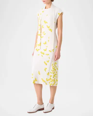 Akris Butterfly-Print Viscose Crepon Ruched Midi Dress With Scarf | Thumbnail 3 Akris Butterfly-Print Viscose Crepon Ruched Midi Dress With Scarf | Thumbnail 3