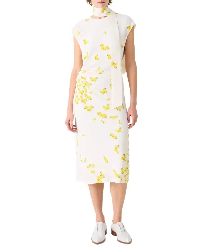 Butterfly-Print Viscose Crepon Ruched Midi Dress With Scarf Butterfly-Print Viscose Crepon Ruched Midi Dress With Scarf