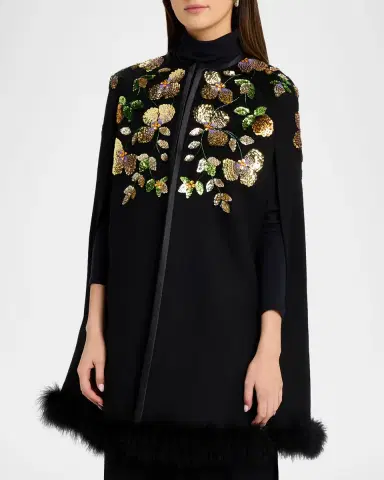 Valentino Garavani Embroidered Cashmere Cape With Feather Trim | Thumbnail 4 Valentino Garavani Embroidered Cashmere Cape With Feather Trim | Thumbnail 4