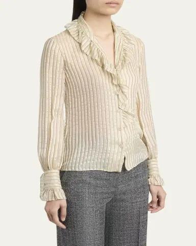 Valentino Garavani Metallic Striped Ruffle Button-Down Shirt | Thumbnail 4 Valentino Garavani Metallic Striped Ruffle Button-Down Shirt | Thumbnail 4