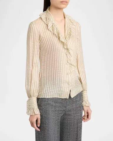 Valentino Garavani Metallic Striped Ruffle Button-Down Shirt | Thumbnail 8 Valentino Garavani Metallic Striped Ruffle Button-Down Shirt | Thumbnail 8
