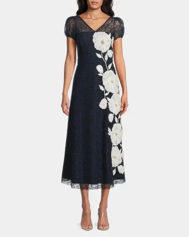 Kay Unger New York Layla Puff-Sleeve Floral Applique Midi Dress | Thumbnail 3 Kay Unger New York Layla Puff-Sleeve Floral Applique Midi Dress | Thumbnail 3