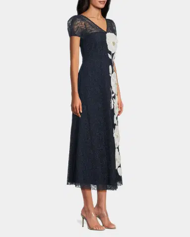 Kay Unger New York Layla Puff-Sleeve Floral Applique Midi Dress | Thumbnail 5 Kay Unger New York Layla Puff-Sleeve Floral Applique Midi Dress | Thumbnail 5