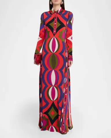 Pucci Collane-Print Jersey Long-Sleeve Maxi Shirtdress | Thumbnail 2 Pucci Collane-Print Jersey Long-Sleeve Maxi Shirtdress | Thumbnail 2