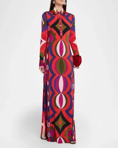 Pucci Collane-Print Jersey Long-Sleeve Maxi Shirtdress | Thumbnail 4 Pucci Collane-Print Jersey Long-Sleeve Maxi Shirtdress | Thumbnail 4